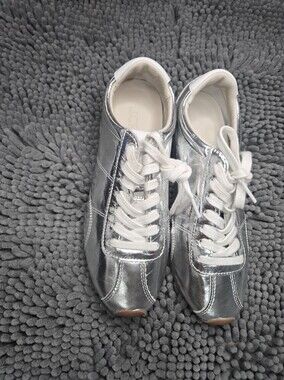 J. Crew Silver Metallic Leather Sneakers with White Laces